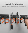 Installing 16 Inch Beefy Heavy Duty Metal Wall Mount Garden Tool Organizer with Adjustable Hooks, tools hanging, drill in use.
