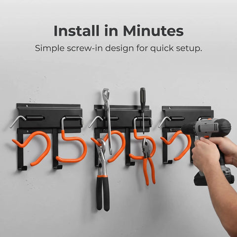 Installing 16 Inch Beefy Heavy Duty Metal Wall Mount Garden Tool Organizer with Adjustable Hooks, tools hanging, drill in use.