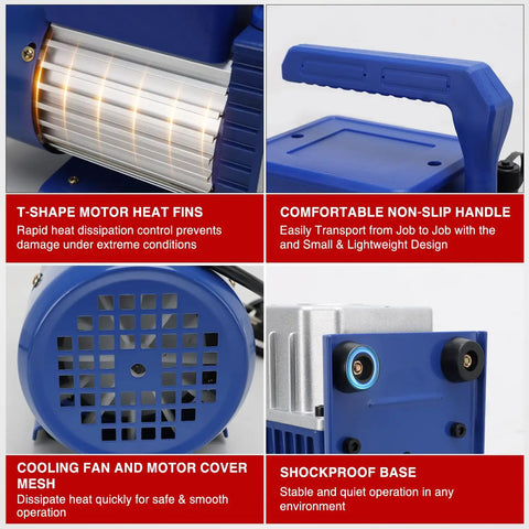 Straight Up Heavy Duty 3.5 CFM 1/4 HP 110V Single Stage AC Vacuum Pump And Gauge Set Kit with motor heat fins and non-slip handle.