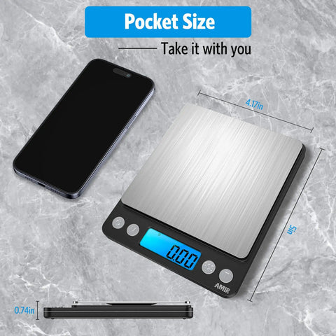 Pocket Digital Kitchen Scale For Jewelry And Cooking, 500g Capacity With 0.01g Precision, Backlit LCD Display next to smartphone.