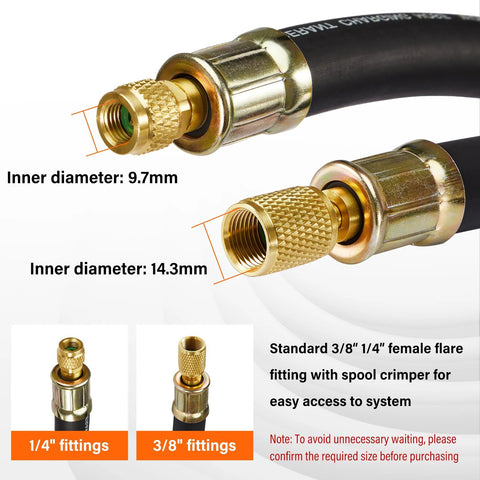 Black 1/2-inch HVAC vacuum hose with brass 3/8 to 1/4 inch flare fittings for high-flow evacuation