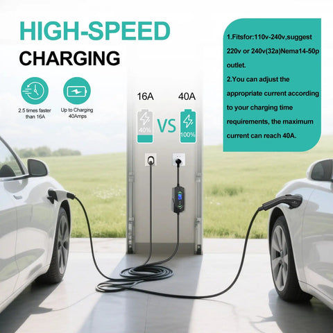 High-speed charging graphic comparing 16A to 40A for Plug And Play Level 2 Electric Vehicle Charger 40 Amp 240 Volt.