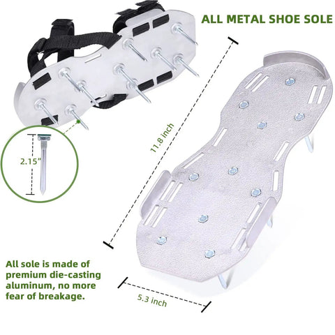 Diagram showing aluminum lawn aerator shoes with 2.2 inch spikes for deep core aeration, including dimensions and metal sole details.