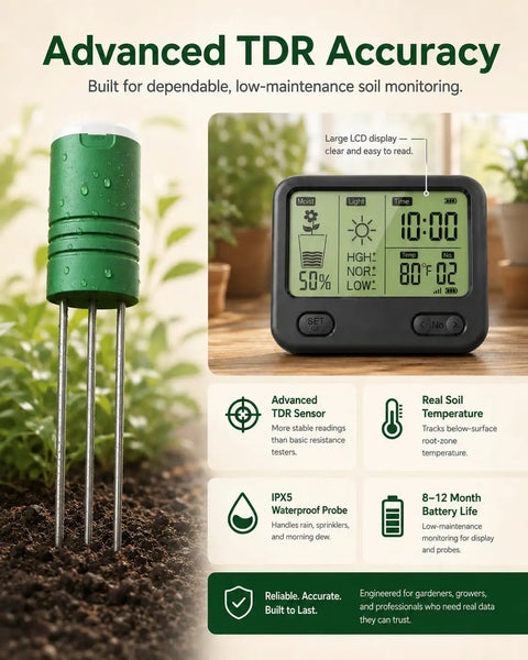 12 Zone Wireless Soil Moisture Meter For Plants With 4 In 1 TDR Tester, Soil Thermometer, Light Sensor And Display, 230 Ft Range, IPX5 Waterproof For Indoor Outdoor Garden And Yard Monitoring