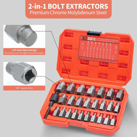 27 Piece Screw Extractor Set Includes Three Eighths Inch Impact Double Head Easy Out Bolt Remover Kit For Stripped Rounded Damaged Or Broken Screws Bolts Studs Hex Head Multi Spline Design Heavy Duty Fastener Removal in open orange case with multiple extractor sizes visible.