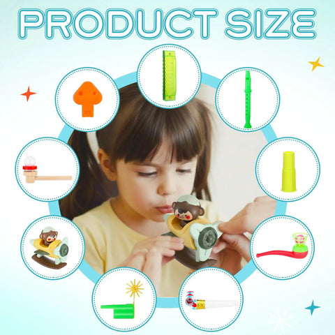 9-Piece Oral Motor Therapy Kit For Kids And Grown-Ups With Myofunctional Tools Like Tongue Trainer And Whistle, Controlled Airflow, Speech Clarity, Oral Placement Practice, And Feeding Support. Product size shown with 9 tools for oral therapy