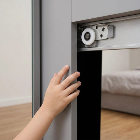 Heavy Duty Sliding Door Wheels For Cabinets And Closets 2 Pack Adjustable Iron Rollers close-up on roller with hand on cabinet.