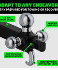 All In One Tri Ball Trailer Hitch Mount With Locking Pin And D Ring Shackle For Two Inch Receiver Recovery Hook displayed with features.