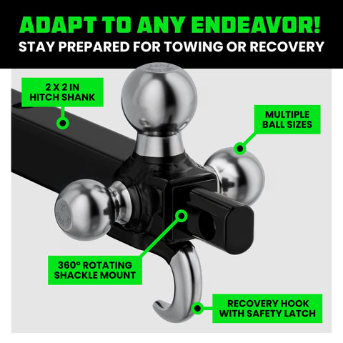All In One Tri Ball Trailer Hitch Mount With Locking Pin And D Ring Shackle For Two Inch Receiver Recovery Hook displayed with features.