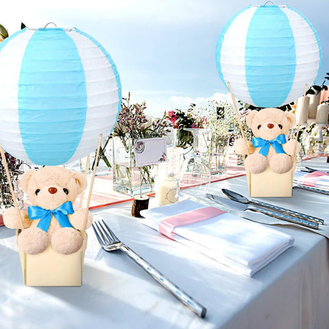 12 Set Baby Shower Hot Air Balloon Table Centerpieces Kit With DIY Paper Lanterns Plush Bears Wooden Baskets Wood Sticks And Adhesive Dots Party-Ready For Weddings Birthdays Gender Reveals Blue displayed on decorated table