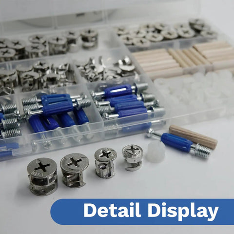 150 Piece Cam Lock Fastener Kit For Furniture DIY 3 In 1 Eccentric Hardware With Nuts, Screws And Dowels in open case
