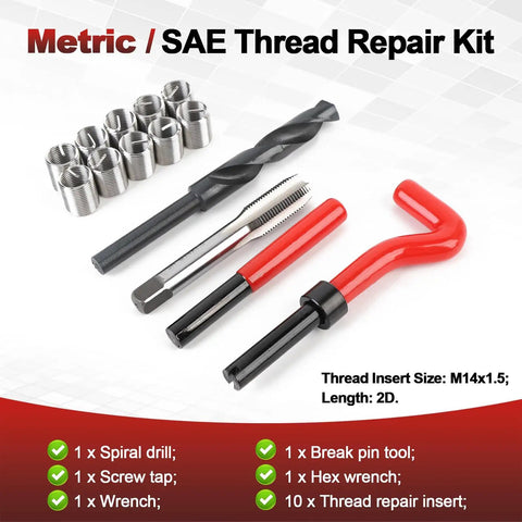 25 Piece M14x1.5 Thread Repair Kit With Inserts, Drill Bit, Tap And Install Tool For Auto Repair And Machinery Maintenance, Heavy Duty Fixes, Quick, Pro Grade, Easy Install, tools and inserts