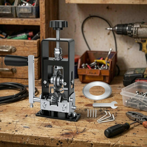 Portable Electric Wire Stripper Machine With Hand Crank Wire Peeler Tool Ideal For Scrap Copper Recycling on a workbench.