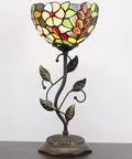 Small Tiffany Stained Glass Table Lamp With Uplight Accent, floral pattern on brown grape style desk light on metal leaf base