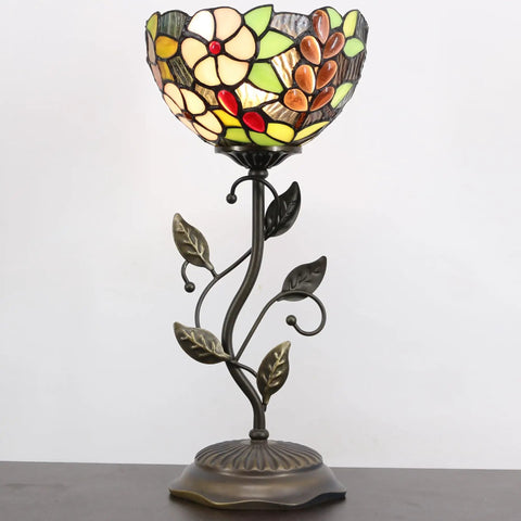 Small Tiffany Stained Glass Table Lamp With Uplight Accent, floral pattern on brown grape style desk light on metal leaf base
