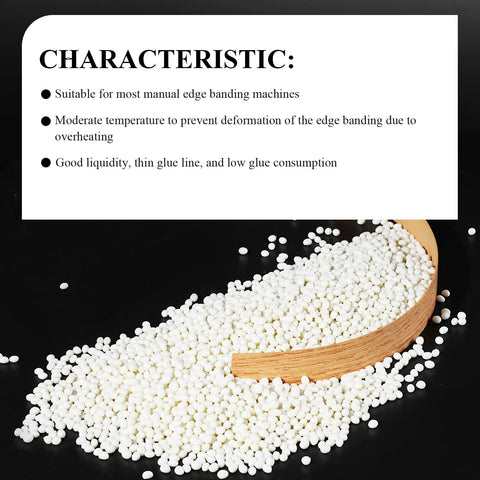 Heavy Duty Hot Melt Edge Banding Adhesive 11 Lb Pellets on a dark surface, suitable for edge banding machines with low glue consumption.