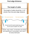 Diagram showing installation of Deck Cable Railing Kit With Right And Left Handed Swage Lag Screws For Wood Posts One Eighth Inch Stainless Steel T316 Marine Grade Rustproof DIY Baluster Rail Hardware Wrench Included.
