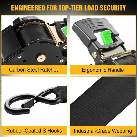 Badass Slick Retractable Ratchet Tie Down Straps For Pickup And Atv Heavy Duty 2 Inch By 15 Foot features carbon steel ratchet and ergonomic handle.