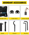 Electric Metal Nibbler 625W Cutter With 1000 RPM High Speed Rotor accessories including storage case, cutter block, and hex key