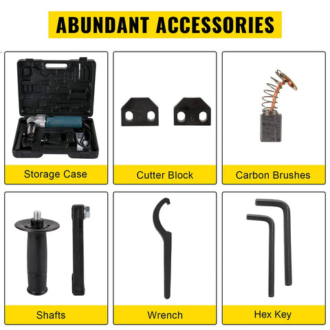 Electric Metal Nibbler 625W Cutter With 1000 RPM High Speed Rotor accessories including storage case, cutter block, and hex key