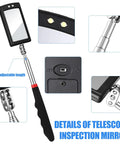 Telescoping LED Lighted Inspection Mirror Set, Flexible Handle 4 Pack for Cars and Home Maintenance, close-up details