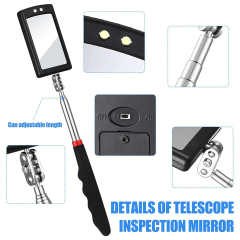 Telescoping LED Lighted Inspection Mirror Set, Flexible Handle 4 Pack for Cars and Home Maintenance, close-up details