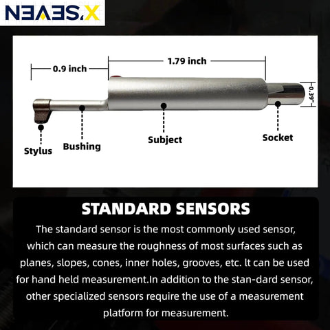 Diagram of standard sensor components for Shop Ready Handheld Surface Roughness Tester With 0.001 Micron Resolution For Ra Rz Rq Rt Measurements ISO ANSI DIN JIS Standards Data Storage And Output Calibration Block Included Pro Grade Instrument For Precision Machining And QA, showing stylus, bushing, subject, and socket.