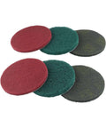 Six 5 Inch Nylon Scouring Pads Set For Drill Powered Buffers And Polishers, 6 Pack Industrial Scrubbing Discs In Green Red Grey