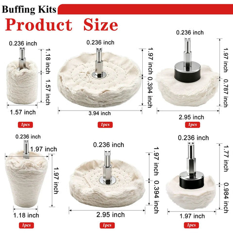 10 Piece Drill Polishing Kit With Buffing Wheels And Pads, Includes 2 Inch And 3 Inch Mushroom Pads, size diagram, buffing attachments