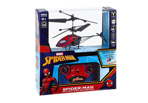 Boxed Spider Man RC Helicopter For Kids 8 Plus Easy Fly Remote Control Toy With LED Lights Tough Build Durable Polymer Body Coaxial Rotors And Rear Rotor Spiderman Toy For Indoor Outdoor Fun.