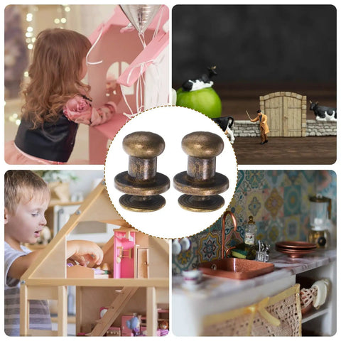 50 Piece Vintage Zinc Alloy Drawer Knobs Straight Up Durable Mini Cabinet Hardware Pulls For Boxes And Dressers Smooth Antique Bronze Finish in a dollhouse setting