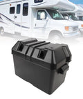 Heavy Duty Marine Battery Box Hella Durable ABS Shell Shockproof And Weatherproof 12V Battery Enclosure For RV Boat Trailer, black, shown outdoors.