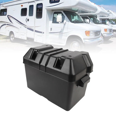 Heavy Duty Marine Battery Box Hella Durable ABS Shell Shockproof And Weatherproof 12V Battery Enclosure For RV Boat Trailer, black, shown outdoors.