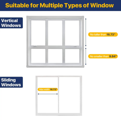 Diagram showing adjustable window security bars fit for vertical and sliding windows no larger than 16.73 inches.