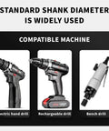 Image showing compatible machines for the 105 Degree Short Right Angle Drill Adapter: electric hand drill, rechargeable drill, and bench drill.