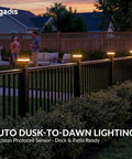 Rock Solid Modular Aluminum Deck Railing Kit With Built In Lighting 36 By 6 Feet Four Pack with solar lights in a backyard setting.
