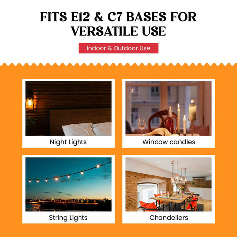 Replacement Light Bulbs For Electric Candle Lamps And Chandeliers No Fuss Easy Fit E12 Candelabra Base for diverse lighting like string lights and window candles.