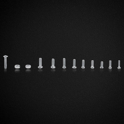 600 Piece Small Screws And Nuts Kit With 12 Types Stainless Steel Micro Fasteners in a row on a black background.