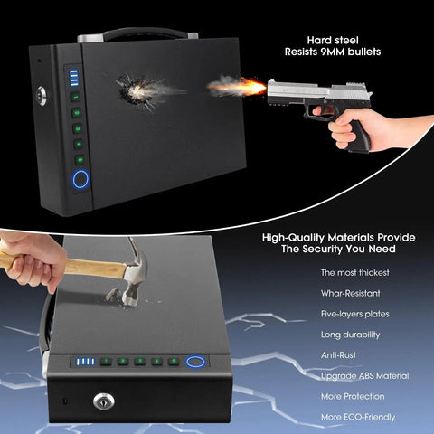 Portable Fingerprint Gun Safe For Handgun With Three Quick Access Methods Including Fingerprint Digital PIN And Physical Key, bullet-resistant and hammer-resistant features displayed, black color.