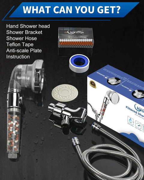 High Pressure Shower Head With Filter For Hard Water, 4 Modes, Built In Power Spray, Water Softener Handheld kit components