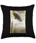 Vintage Retro Airship Throw Pillow 18x18, Multicolor, Double Sided Print, 100% Polyester Fabric with airship and cityscape design