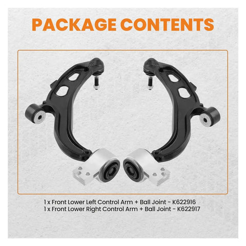 2x Front Lower Control Arm Set For Ford Taurus 2013 2018 And Lincoln MKS MKT 2003 2016 Replacement Bushing Kit OEM Grade Fit And Restore Factory Handling, showing left and right control arms with ball joints on a white background.