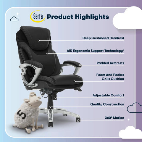 Ergonomic Office Chair With Dynamic Lumbar Support, All Day Comfort, Memory Foam Cushions, Height Adjustable, 360 Degree Swivel Rolling Base, Bonded Leather.