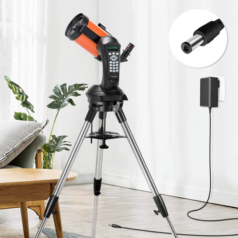 12V Power Adapter Replacement For Celestron NexStar Telescopes And Mounts 18778 Compatible shown connected to telescope