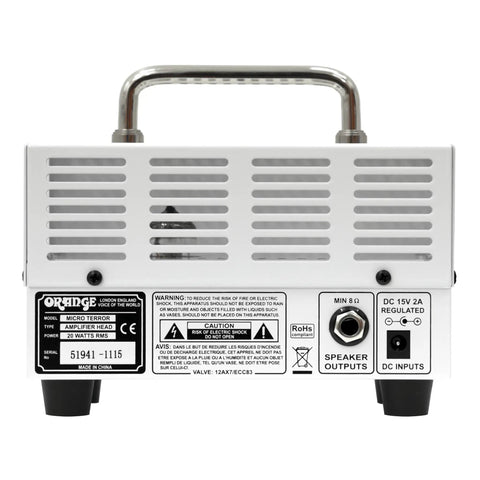 Back view of Micro Terror 20W Hybrid Guitar Amplifier Head with 12AX7 Tube Preamp and solid state power, showing outputs.