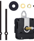 Long 31mm Quartz Clock Movement DIY Repair Kit with Metal Hook and black finish, showing components and dual clock hands.