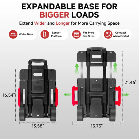 Heavy Duty Folding Hand Truck And Portable Utility Cart With 220 Pound Capacity shown in expanded and collapsed positions.