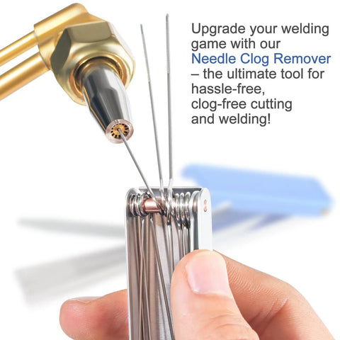 Pro Grade Welding And Carb Cleaning Kit With 13 Cleaning Wire Sizes And Sharp Pick shown in hand for precise clog removal