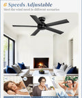 48 Inch Flush Mount Ceiling Fan No Light Black With Remote 6 Speed Quiet Reversible DC Motor in modern living room