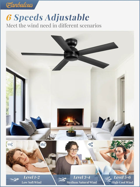 48 Inch Flush Mount Ceiling Fan No Light Black With Remote 6 Speed Quiet Reversible DC Motor in modern living room